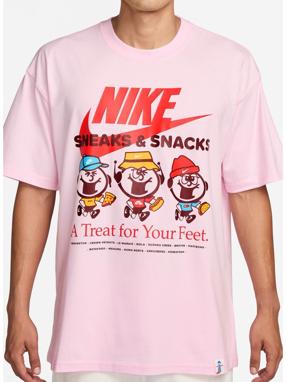 Nike Pink Graphic 'Sneaks & Snacks' Tee with Red Logo